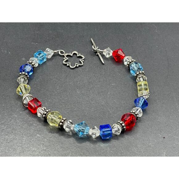Vtg Sterling Silver 925 Crystal Multicolored Beaded Bracelet Sz 7 1/4" - Picture 2 of 7